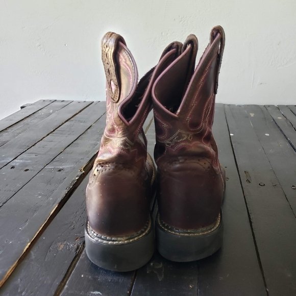 Justin Boots Women's 6 6B Brown Leather Fat Boy Cowgirl Boots Pink Stitching - Picture 12 of 12